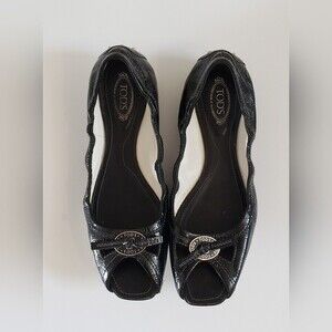 Tods Women's Black Patent Leather Open Toe Slip On Size 39